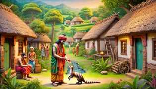 Haridatta holding the injured mongoose, introducing the story in an ancient Indian village setting.