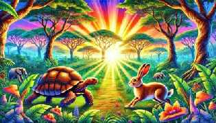 Cover image with Tortoise and Hare standing side by side in a lush African forest, ready to start their race.