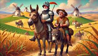 The Knight and The Squire begin their journey across La Mancha, dreaming of chivalric adventures.