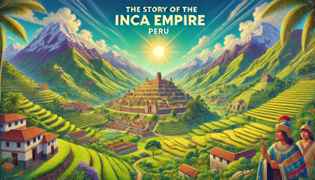 Introduction to "The Story of the Inca Empire (Peru)," featuring the Andes Mountains and the ancient city of Cusco.