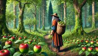 Johnny Appleseed beginning his journey through the American frontier, planting apple seeds wherever he went.