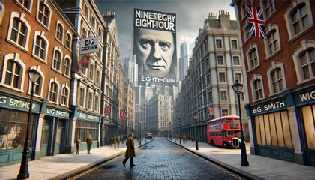  Winston Smith walks through the oppressive streets of dystopian London, under the watchful eye of Big Brother.