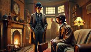 Sir Edward Mallory seeking help from Sherlock Holmes and Dr. Watson at 221B Baker Street.