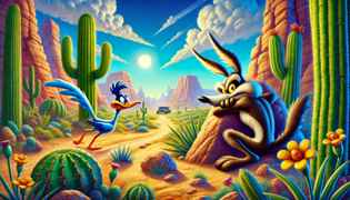 Wile E. Coyote sets his first trap while watching the Roadrunner from behind a rock.