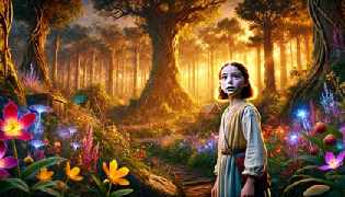 A young girl, Marie, standing at the edge of a magical forest with glowing flowers and ancient trees.