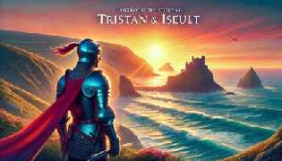 Tristan standing in full armor on the rugged coastline of Cornwall at sunset, gazing out at the sea.
