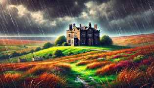 A wide view of Wuthering Heights, a dark and imposing farmhouse on the Yorkshire moors, under a stormy sky with dark clouds and rain.