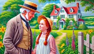 Anne Shirley arrives at Green Gables, greeted by Matthew Cuthbert, as the lush landscape of Prince Edward Island surrounds them.