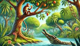 Moti the monkey sitting on a high branch, eating a mango, while Kavi the crocodile swims towards the riverbank.