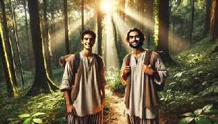 Abbas and Karim begin their journey through the dense forest, full of excitement and camaraderie.