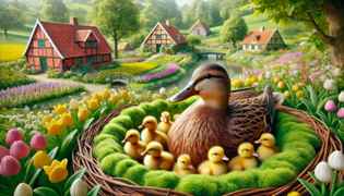 The mother duck eagerly awaited the arrival of her new ducklings in the serene farm.