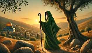  Al-Khidr approaching a small Palestinian village at sunset, wearing a green cloak and holding a staff, with ancient olive trees and hills in the background.