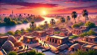 An ancient Egyptian village by the Nile River during sunset with villagers engaging in daily activities.