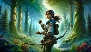 A young adventurer, Elara, standing at the edge of an enchanted forest, ready to embark on her journey.