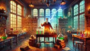  Victor Frankenstein in his 19th-century laboratory with scientific equipment, surrounded by books and notes, illuminated by lightning.
