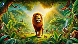 A mighty lion named Shere stands in a lush jungle, his golden mane glistening under the sun.