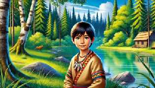 Illustration of Pi, a young Native boy, standing by a serene lake surrounded by dense forests, introducing the story.
