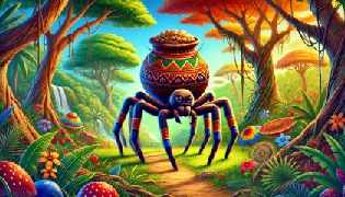 Anansi preparing to climb the tall tree with his pot of wisdom.