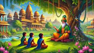 Vishnu Sharma imparts wisdom through stories to the three princes in a prosperous kingdom.