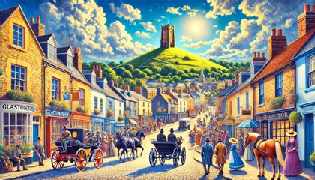 A vibrant depiction of Glastonbury town with the Tor in the background, introducing the story.
