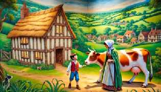 A vibrant and detailed scene introducing the story of Jack and the Beanstalk in a quaint medieval village.