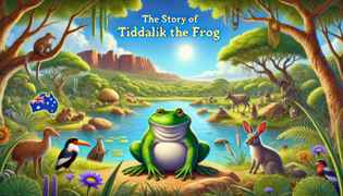 The story begins with Tiddalik the frog drinking all the water, leaving the land parched and dry.