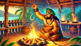Illustration of Māui crafting his magical fishhook by the light of a fire, anticipation in his eyes.