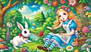 Alice sitting by a riverbank with her sister, holding a book, while a White Rabbit with pink eyes runs past them.