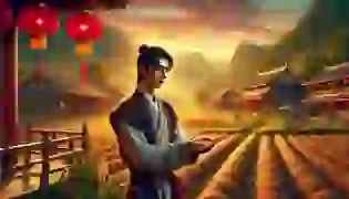 Wei stands at the edge of his peaceful village, gazing toward the distant temple, as the golden hues of the setting sun signal the beginning of his journey into the unknown—a path shaped by fate and the legend of the Red Thread.