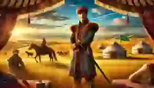 Bakhtiyar Khan stands resolutely on the Kazakh steppe, a young leader ready to unite his people under the vast expanse of the golden grasslands and azure skies.