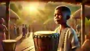 Olumide, the young boy, stands in awe as he gazes upon the ancient Talking Drum in his vibrant Nigerian village, a symbol of the connection between his people and the spirits.