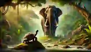  In the heart of the jungle, the proud Elephant stands tall while the wise Tortoise sits humbly by the river, as the jungle animals gather in anticipation of the unfolding story.