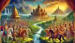 A majestic introduction to the epic of the Mahabharata, featuring the grand palace of Hastinapura in the background, with the Pandavas and Kauravas, two opposing royal factions, poised for conflict amidst the lush and serene landscape of ancient India.