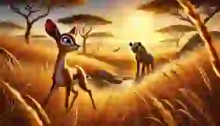  Kito the gazelle stands alert by a small watering hole in the vast African savanna, as the sly Jabari the hyena lurks in the tall grasses, setting the stage for their fateful encounter.