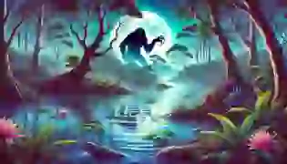 A vibrant and realistic illustration introducing the story "The Legend of the Bunyip (Australia)," capturing the mysterious and wild Australian landscape under the moonlight with a shadowy figure of the Bunyip.