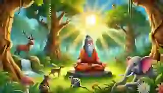 Kaladitya meditating in the ancient forest, observed by a tiny mouse and other forest creatures.