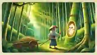 Taketori no Okina discovering baby Kaguya-hime inside a glowing bamboo stalk in the forest.