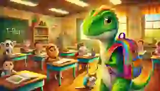 Penelope the T-Rex nervously enters her new classroom, eager to make friends with her curious animal classmates who peek over their desks in wonder