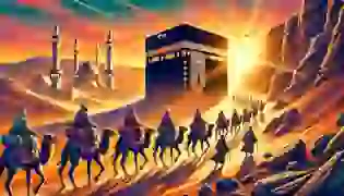 An ancient caravan traverses the desert towards Mecca, with the sacred Kaaba in sight. The setting sun casts a golden glow over the travelers and their camels, as the mysterious Black Stone glimmers within the Kaaba, symbolizing the start of a legendary journey.