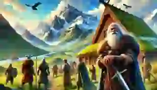 Njál Þorgeirsson, a wise-looking man with a long beard, stands in front of a traditional Viking longhouse with Gunnar and Hallgerðr.