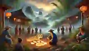 A mystical scene in an ancient Chinese village, where a farmer and villagers marvel at a glowing tiger pawprint, hinting at a legendary tale of courage and harmony.