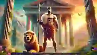 Heracles stands resolutely before an ancient Greek temple, wearing the pelt of the Nemean Lion, symbolizing his strength and the first of his legendary Twelve Labors. The vibrant and heroic atmosphere sets the tone for his epic journey of redemption.