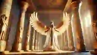 The goddess Ma'at stands majestically at the entrance of a grand Egyptian temple, her outstretched wings symbolizing the balance and harmony she brings to the world.