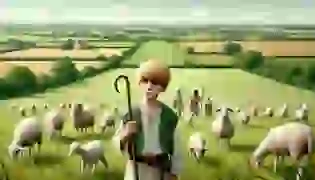 Peter, the young shepherd, stands in a peaceful field with his flock, feeling bored and mischievous, unaware of the lesson that awaits him.