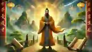 The Yellow Emperor stands beneath the bright sky of ancient China, embodying wisdom and strength as he gazes over his land, ready to unify and lead his people.