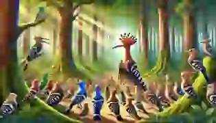 The birds gather in the mystical forest to seek enlightenment, guided by the wise hoopoe.