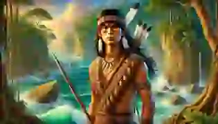 The young Taíno warrior, Guarionex, stands atop a cliff, gazing out over the Caribbean Sea as the sun rises, embodying the strength and determination of his people.