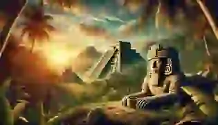 The introduction to "The Story of the Chacmool" showcases an ancient Mesoamerican city at dawn, where the iconic stone figure of the Chacmool reclines, cradling a dish. The towering pyramids and lush jungle create a mystical, reverent atmosphere, inviting the reader into a world where the divine and mortal collide.