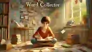 Jerome, the young word collector, sits in his cozy room surrounded by his collection, recording a new word with fascination and joy.