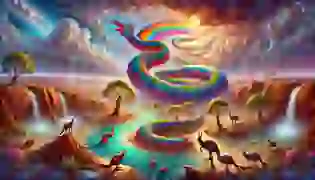 In the mystical realm of the Dreamtime, the Rainbow Serpent carves rivers and mountains across the land, bringing life and creation to a once barren world. The sky glows with ethereal light as plants and animals emerge, transforming the landscape forever.